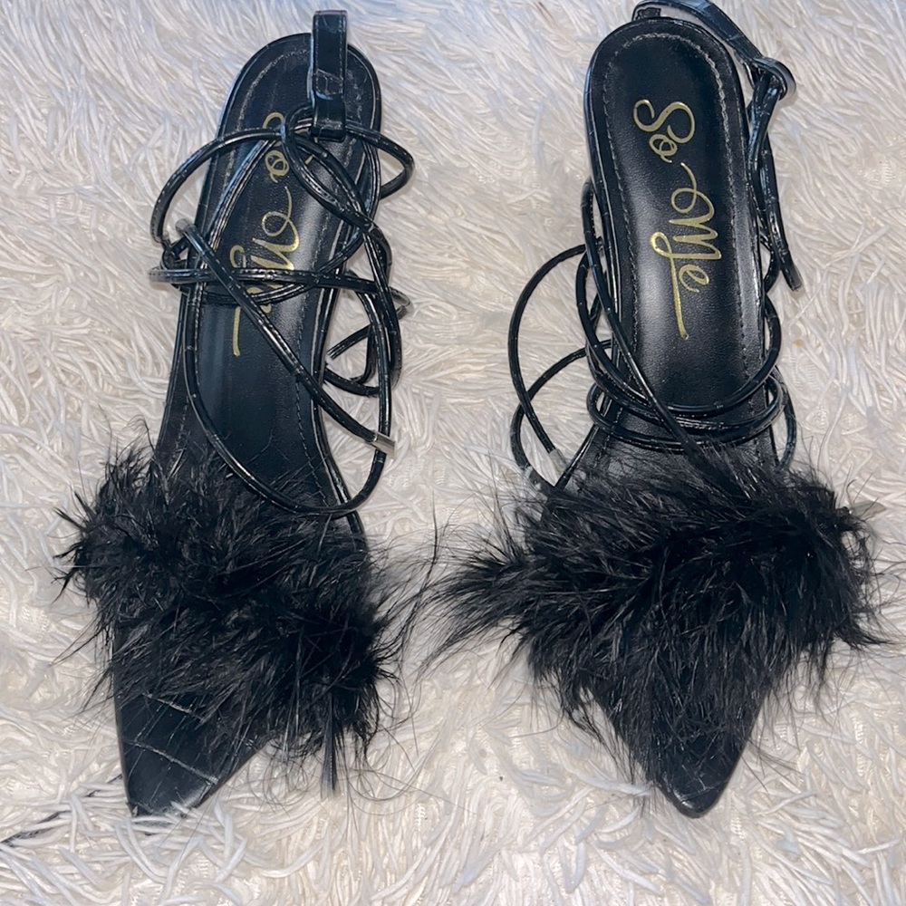 Pointed Toe Feather Trim Lace-Up Heels